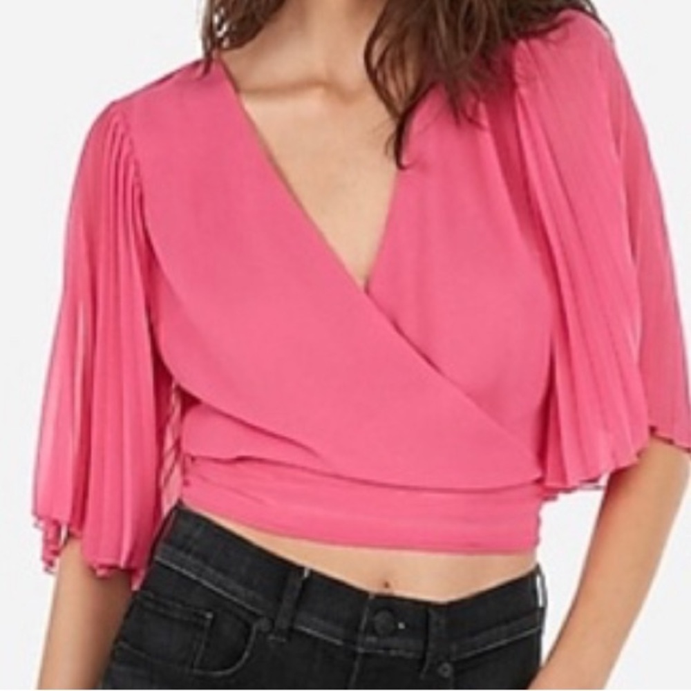 Express Pink Wrap Crop Blouse with 3/4 Sleeves